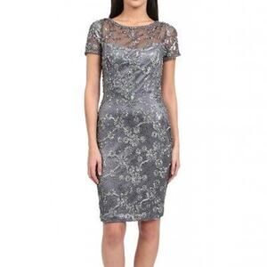 Sue Wong Nocturne Size 8 Short Sleeve Sheath Silver Sequin Cocktail Dress